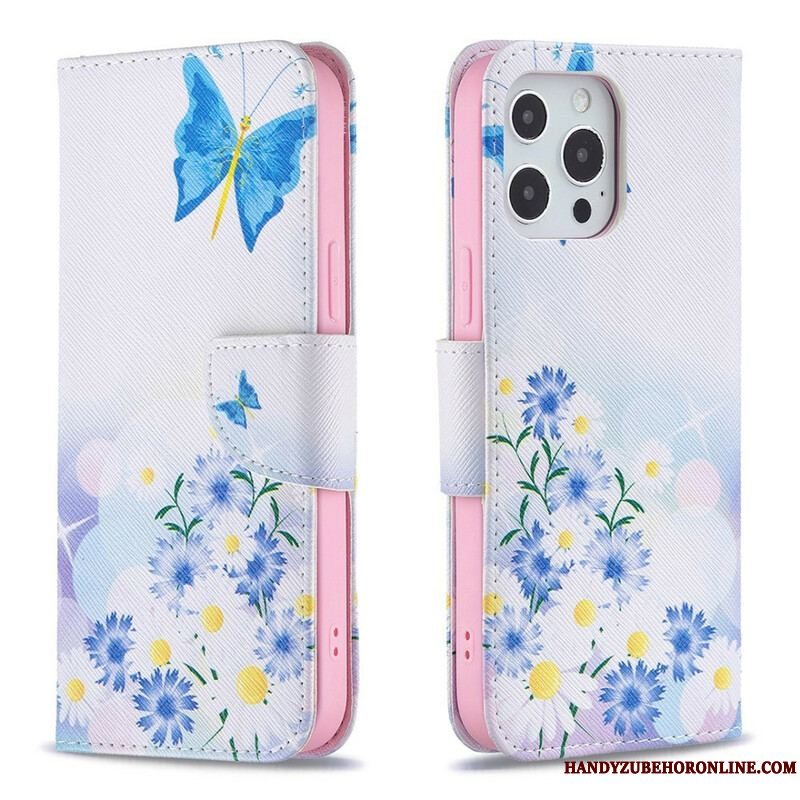 Læder Cover iPhone 13 Pro Max Malede Sommerfugle Og Blomster