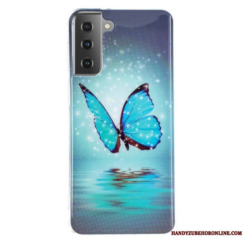 Mobilcover Samsung Galaxy S21 5G Fluorescerende Blå Sommerfugl
